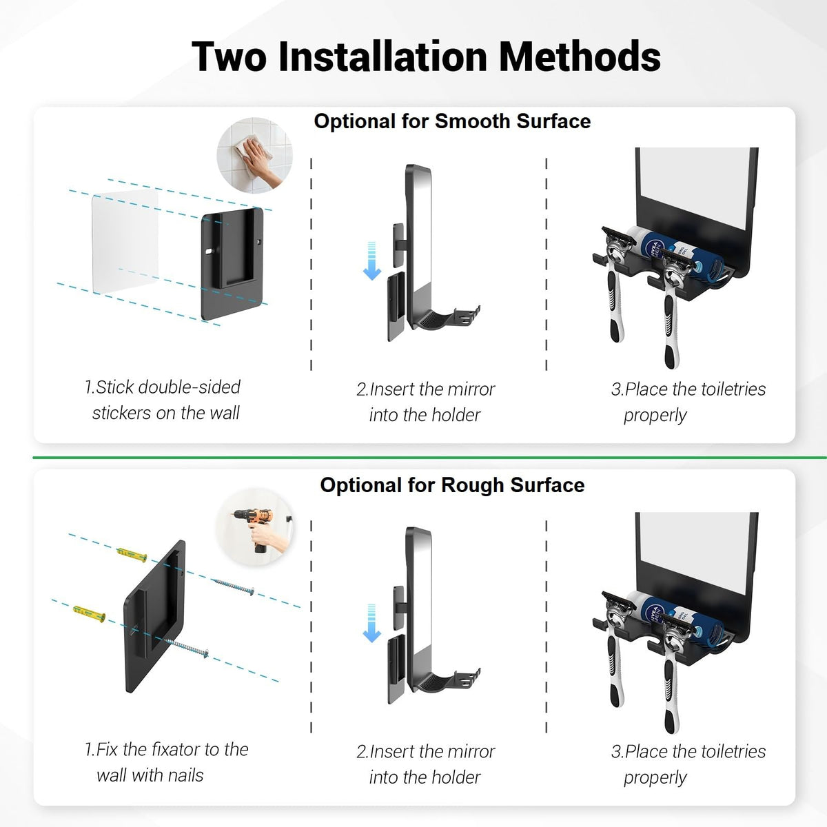Infitrans Shower Mirror screw installation for uneven walls with secure mounting.