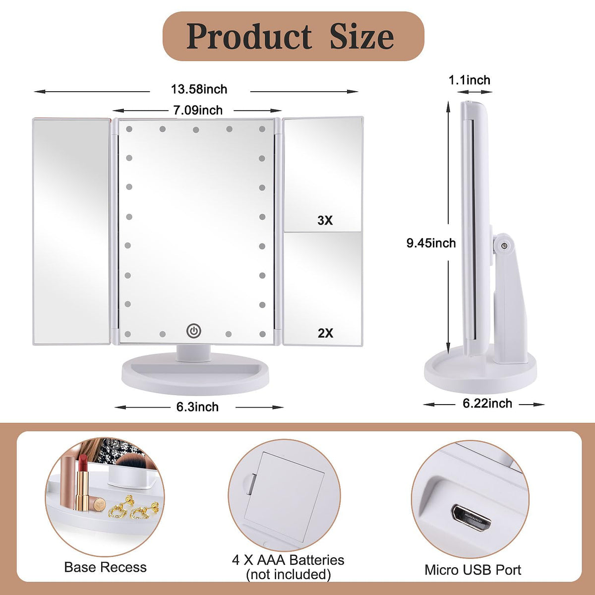 Infitrans Trifold mirror 1X magnification for precise eye makeup.