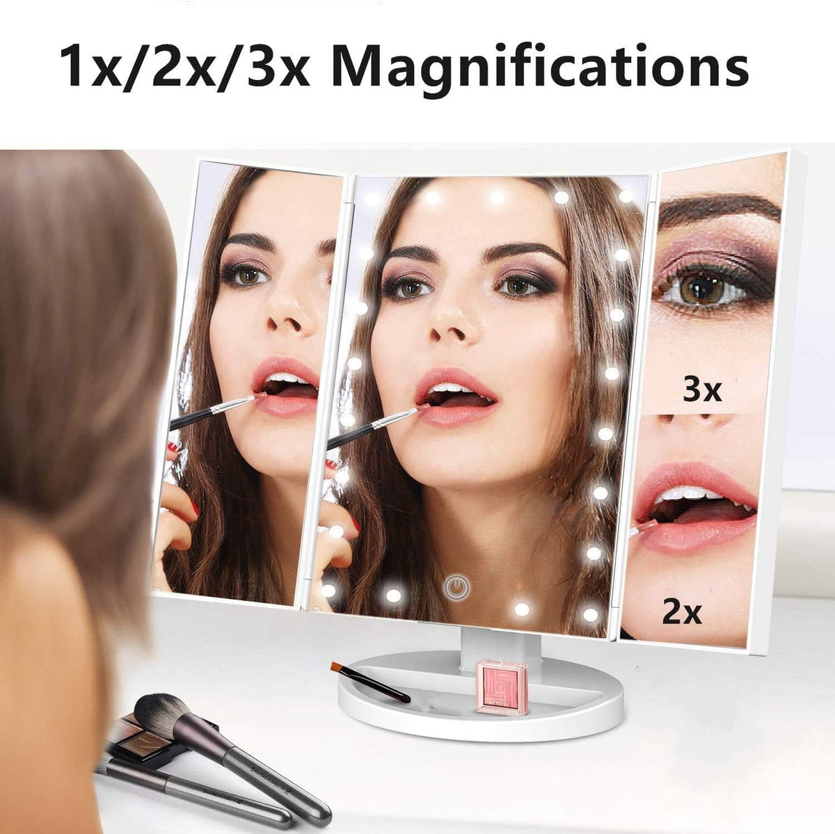 Infitrans Trifold mirror 2X magnification assists brow shaping and eyeliner precision.