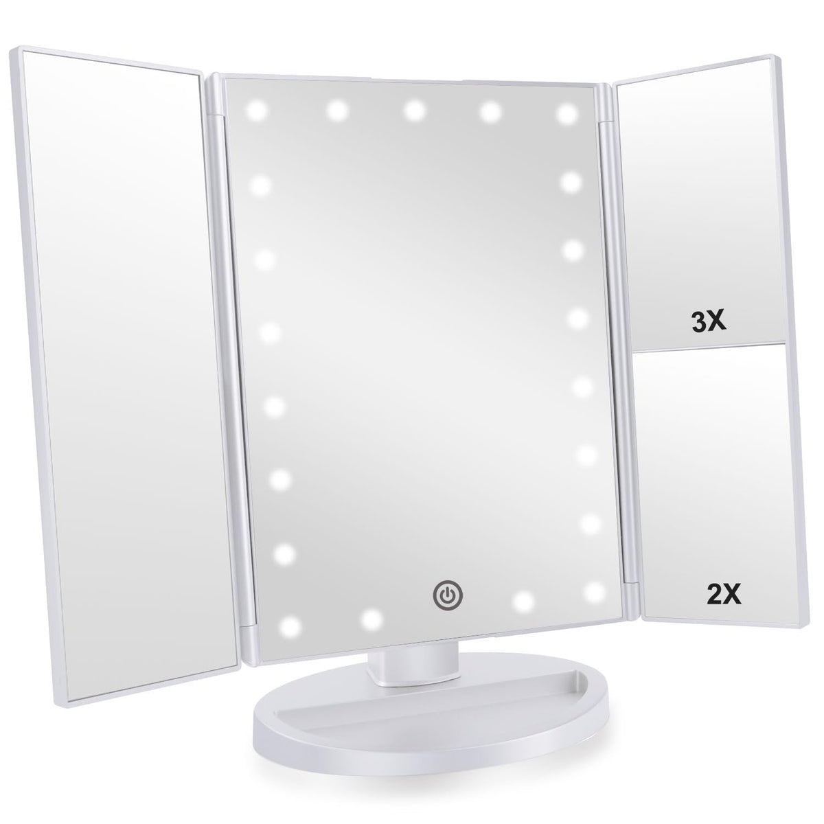 Infitrans Trifold makeup mirror with LED lights for bright, even illumination.