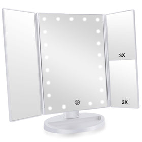 Infitrans Trifold makeup mirror with LED lights for bright, even illumination.