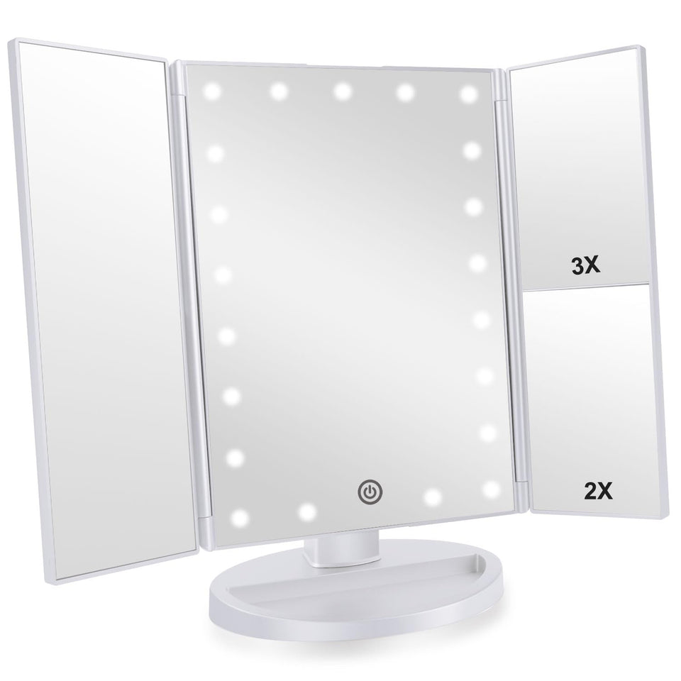 Infitrans Trifold makeup mirror with LED lights for bright, even illumination.