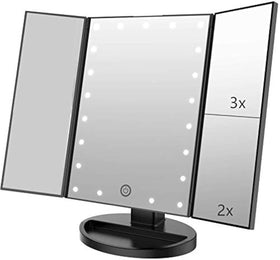 Infitrans trifold makeup mirror with lights, wide-view reflection for everyday makeup