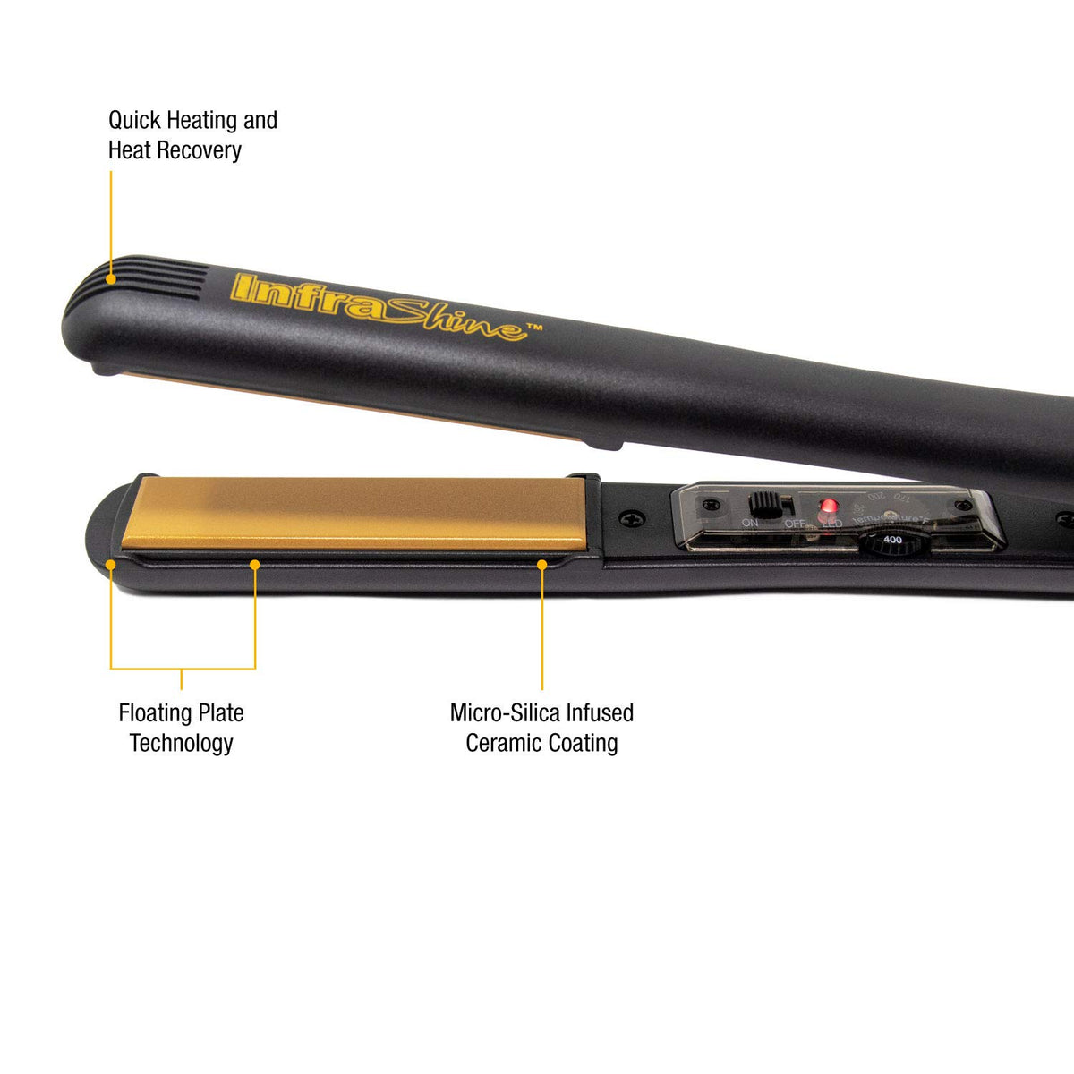 Infrashine Original flat iron ceramic plates close-up showing smooth glide and heat distribution.