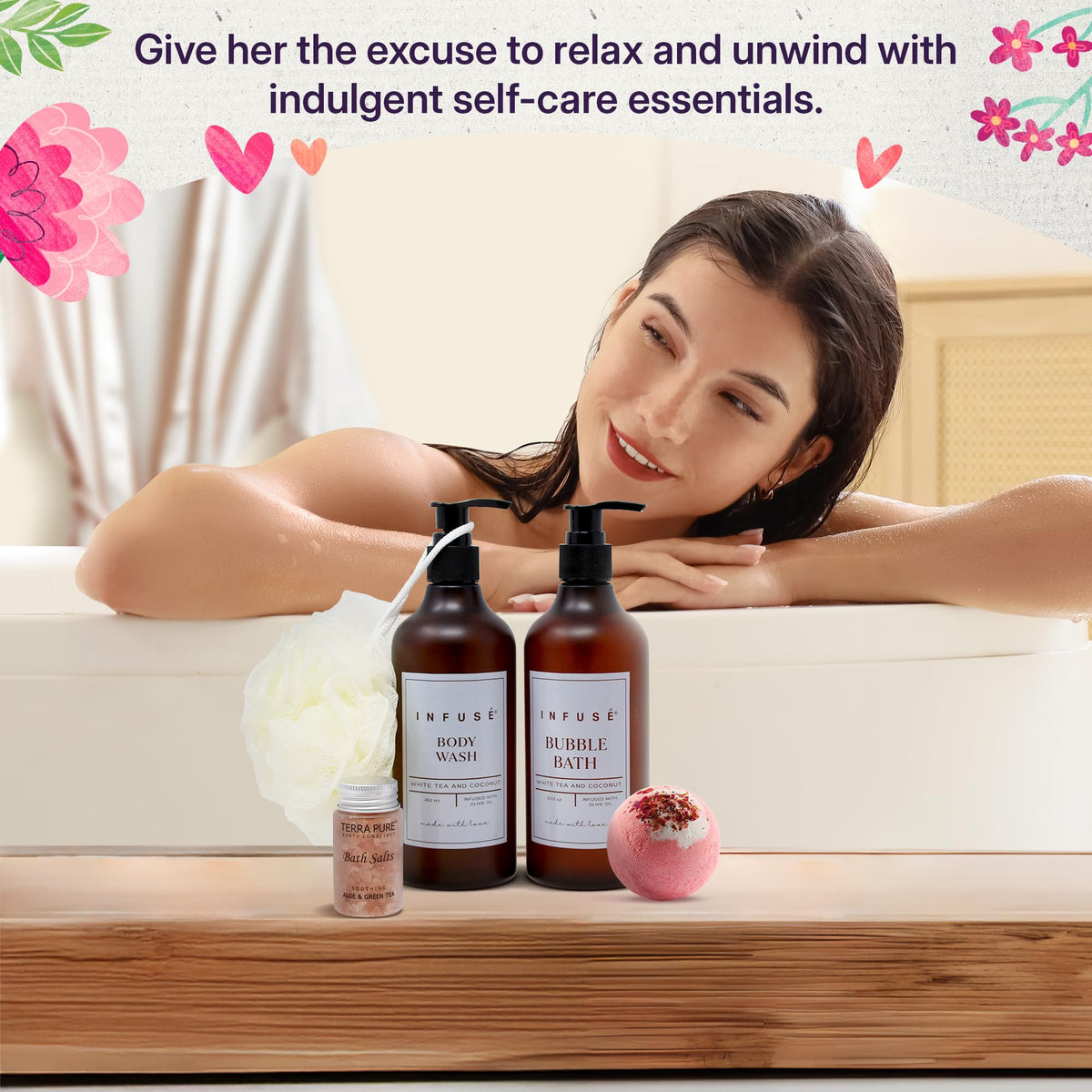 INFUSÉ bath salt, helps a soothing soak experience.
