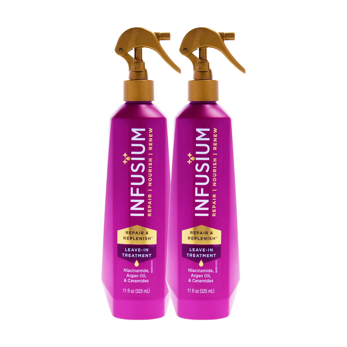 Infusium Repair and Replenish leave-in spray visibly misted on hair for hydration.