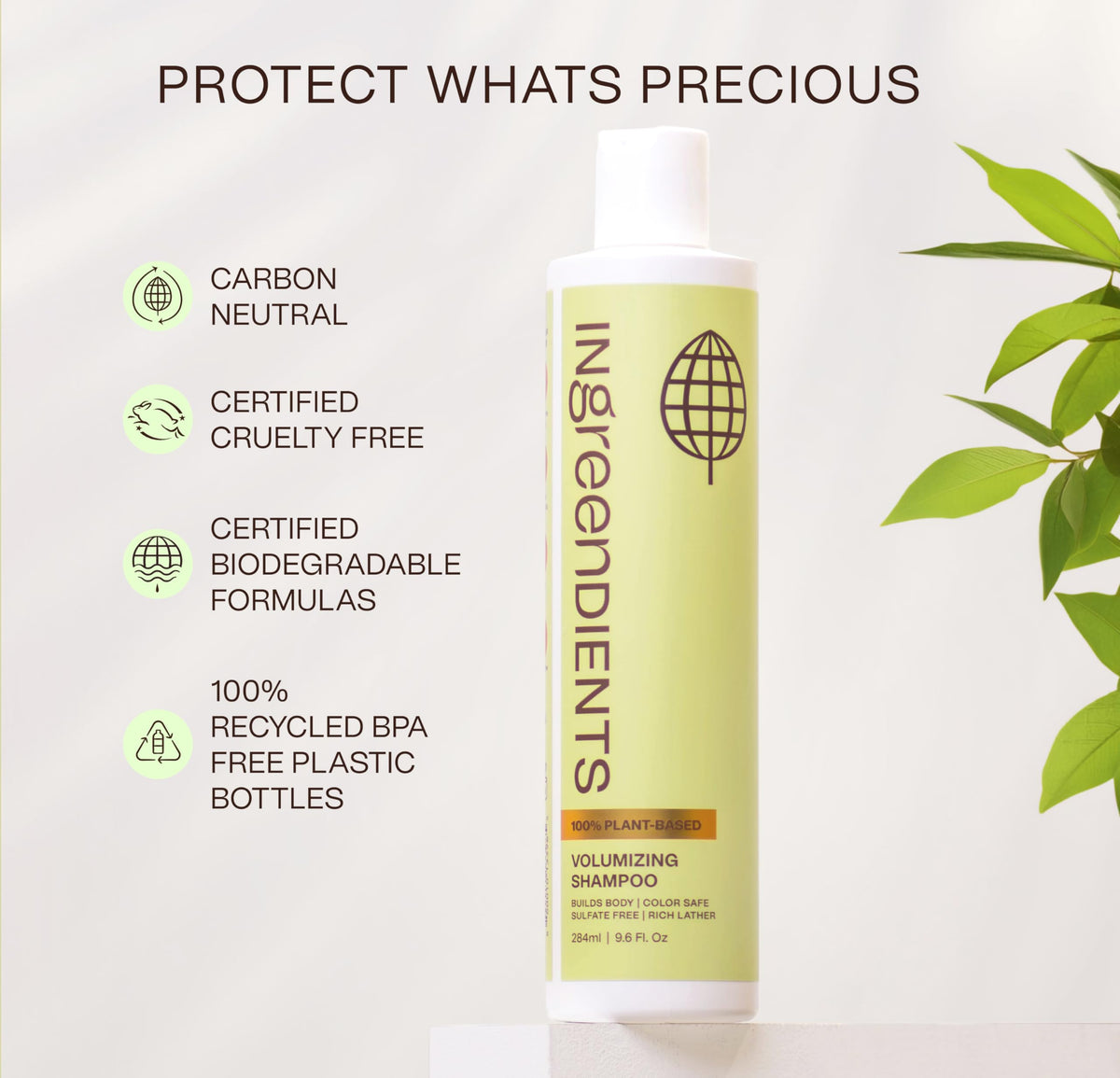 Shampoo bottle on bathroom shelf signaling clean, plant-based care