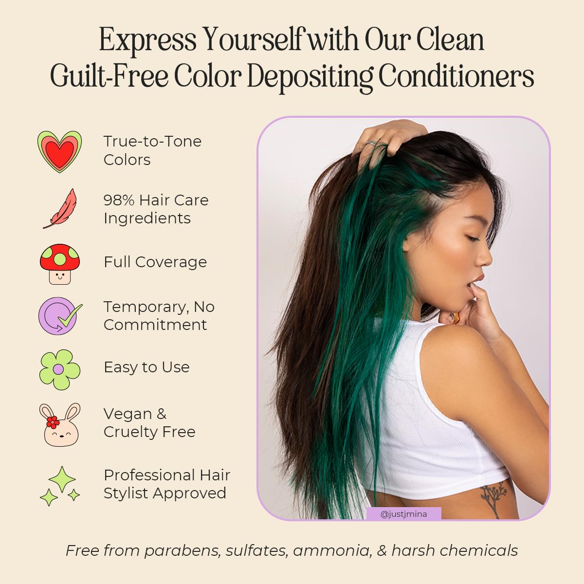 INH Emerald Green hair swatches on arm demonstrating vibrant temporary tint.