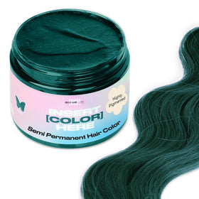 INH Emerald Green semi-permanent color bottle showing vibrant hue and conditioning effect.