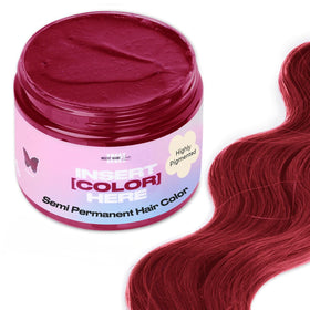 INH Ruby Red color depositing conditioner jar shows easy pigment deposit and conditioning.