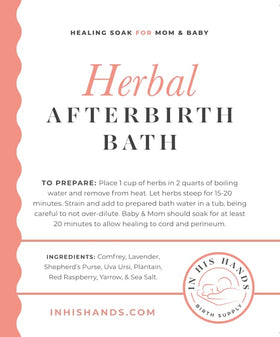 In His Hands Herbal Postpartum Bath ingredients close-up highlights lavender and sea salt for a soothing soak.