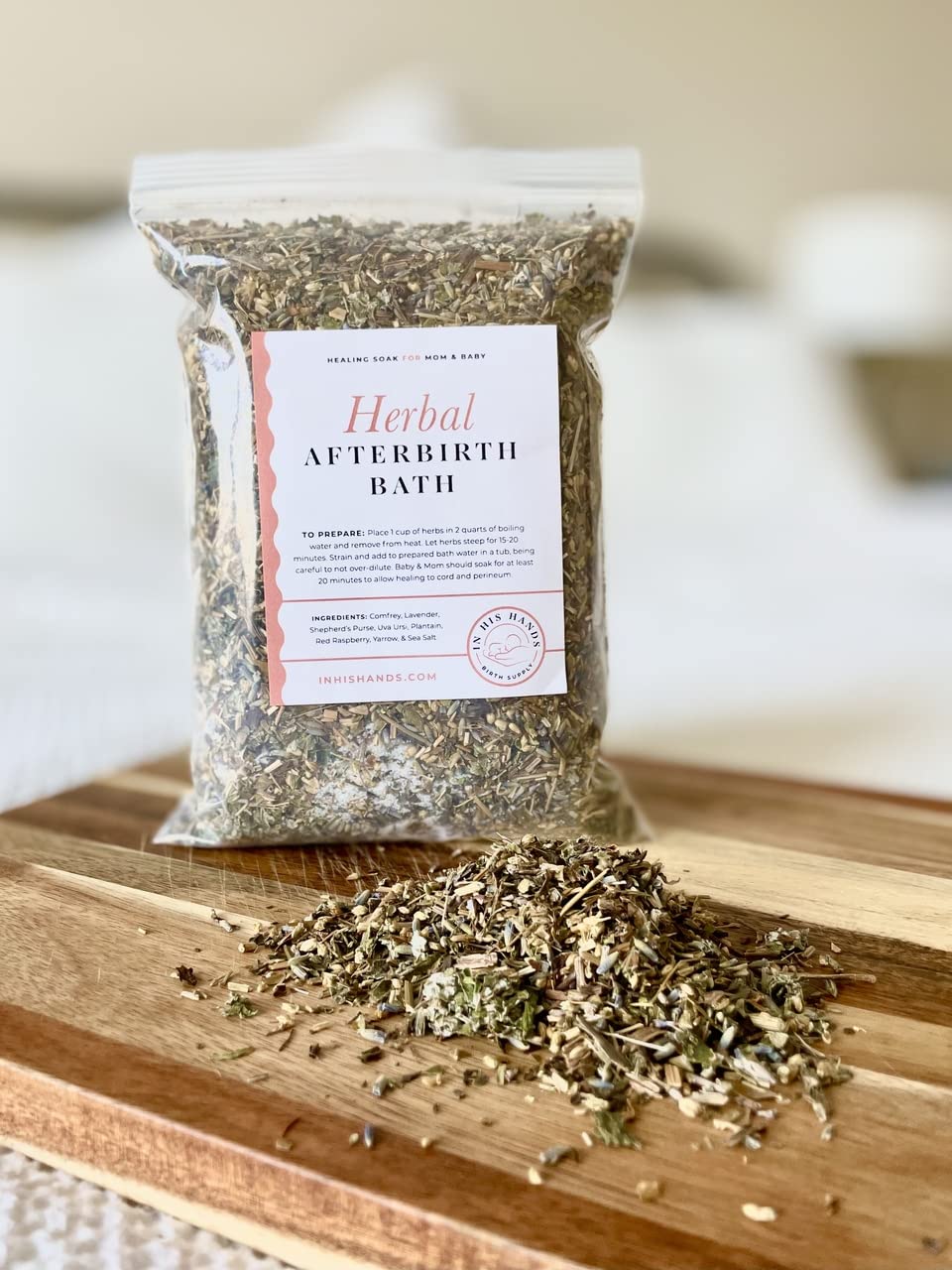 In His Hands Herbal Postpartum Bath packaging for convenient storage and soothing self-care after birth.