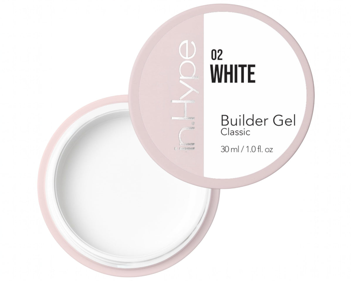 IN.HYPE Camouflage Builder Gel Extra White applied to nails for extensions and strength.