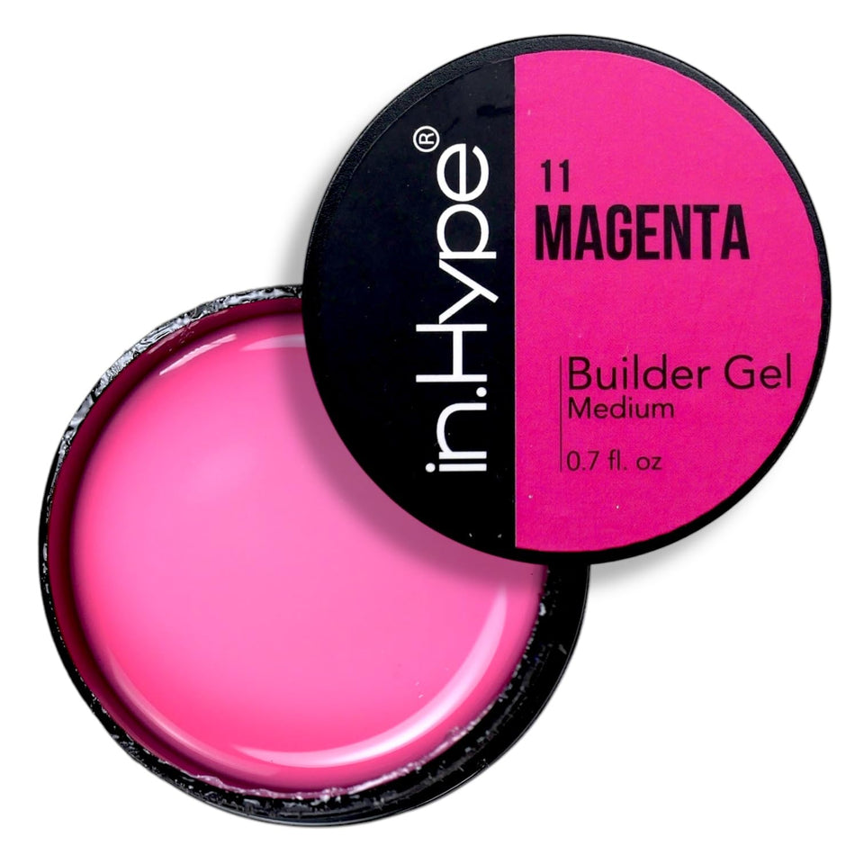 IN.HYPE UV/LED builder gel for nail extensions with a vivid pink magenta finish for sculpting.