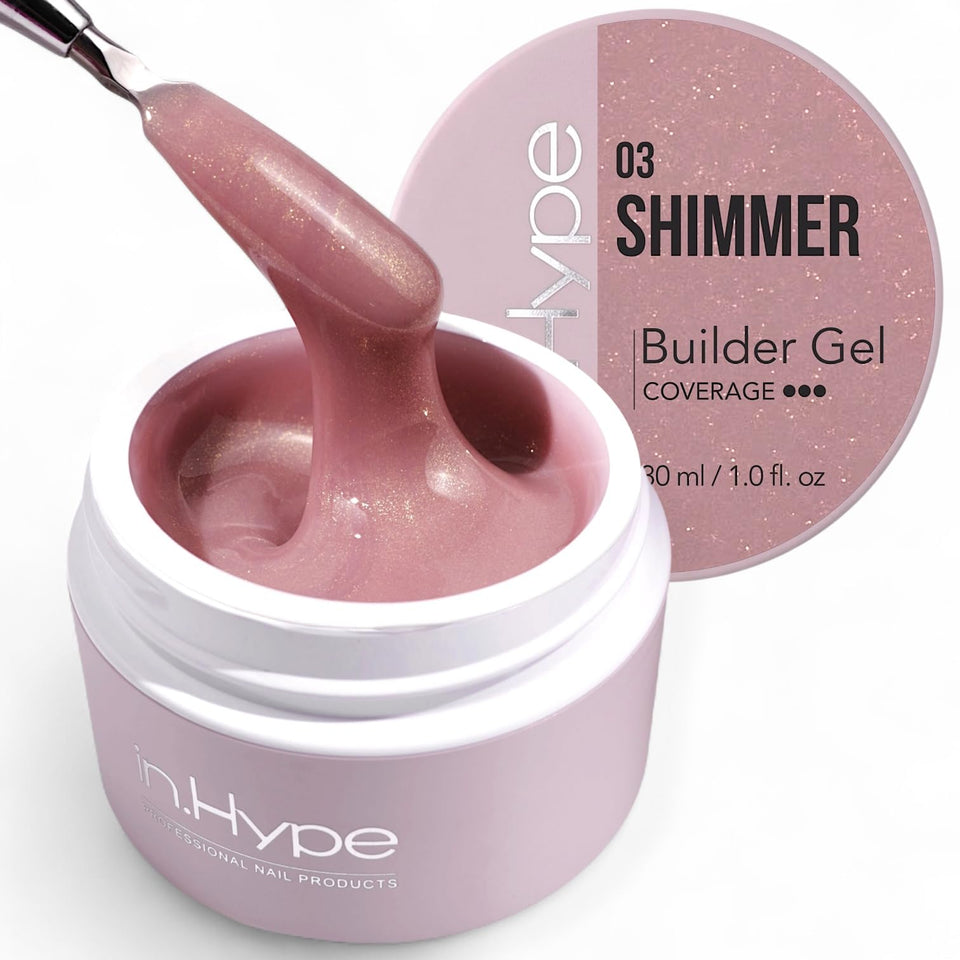 IN.HYPE UV/LED Camouflage Builder Gel bottle with shimmer nude for smooth nail extensions.