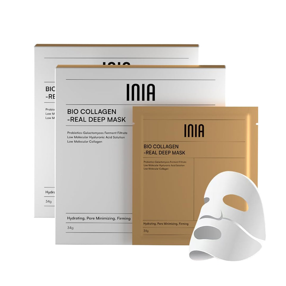 INIA Bio-Collagen hydrogel mask packaging closeup showing hydration boost
