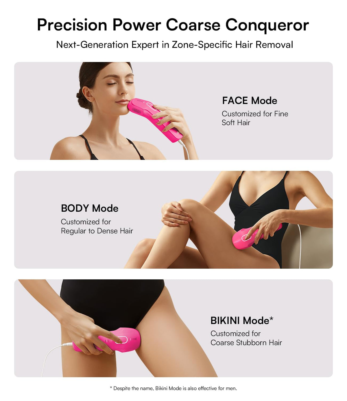INIA Haute Pro bikini mode targets coarse hair in sensitive area.