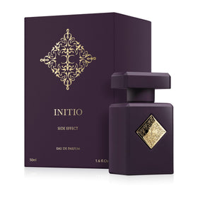 Initio Parfums Privés Side Effect label closeup, saffron and vanilla tones evoke magnetic attraction.