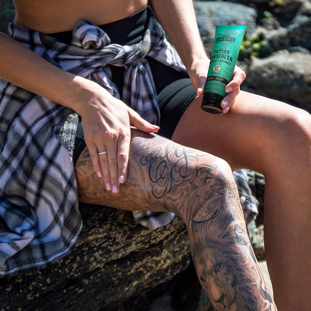INK-EEZE sunscreen on skin reveals a dry, invisible layer over tattoos.