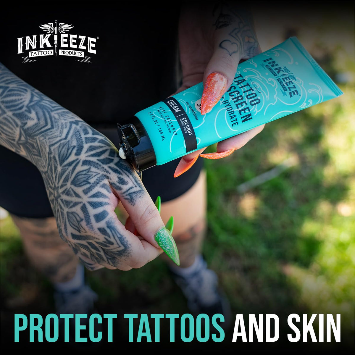 INK-EEZE water-resistance test highlights 80-minute protection on sun-exposed skin.