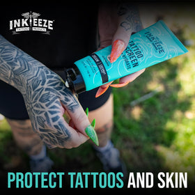 INK-EEZE water-resistance test highlights 80-minute protection on sun-exposed skin.