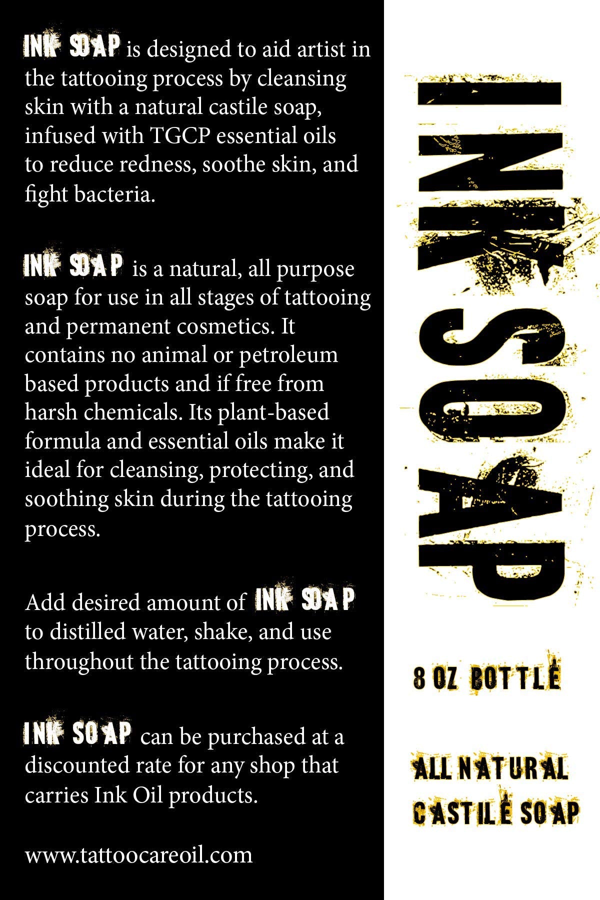 Ink Oil Tattoo Aftercare packaging hints sustainable, plant-based care.