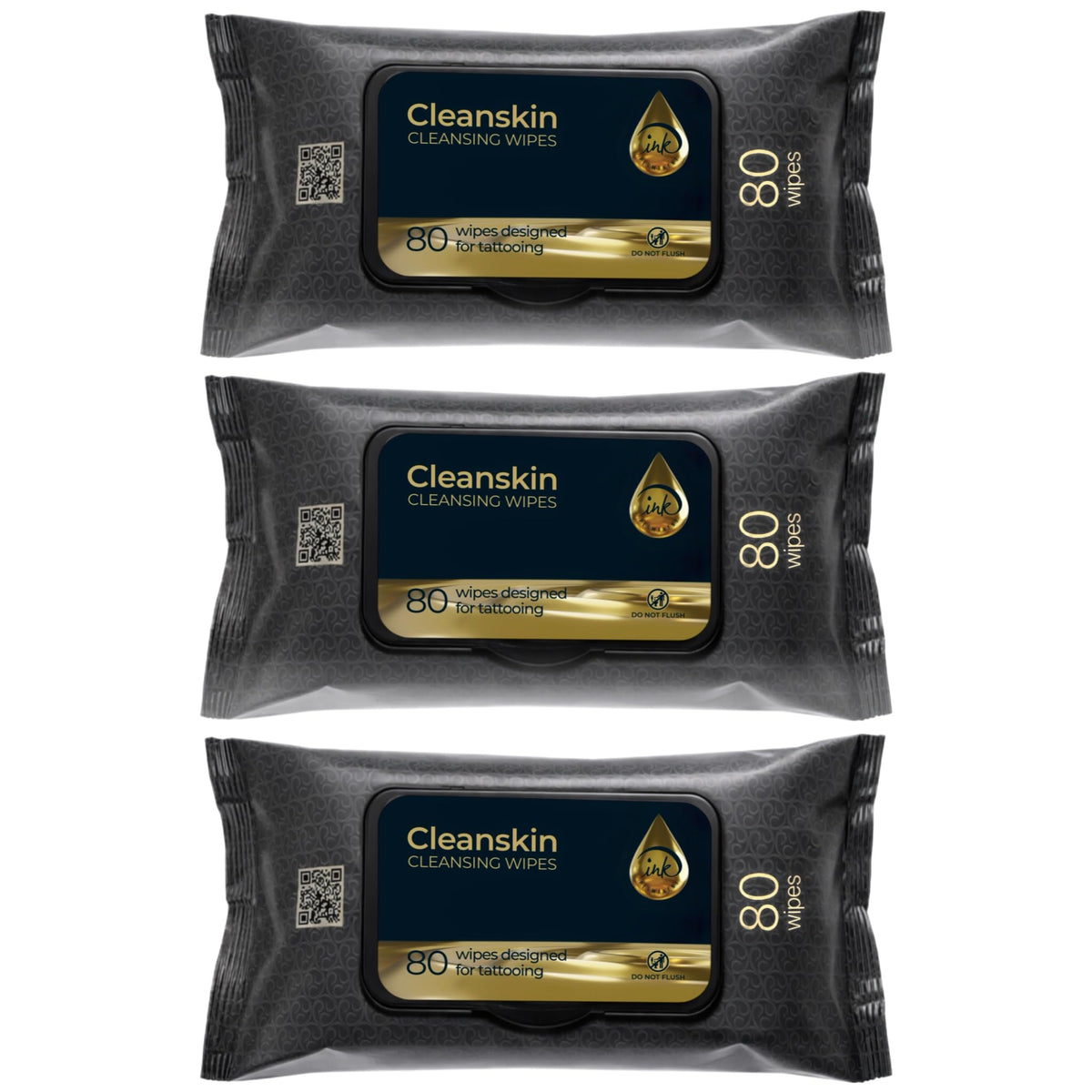Ink Permanent CleanSkin wipes in a 3-pack for unscented tattoo cleansing.