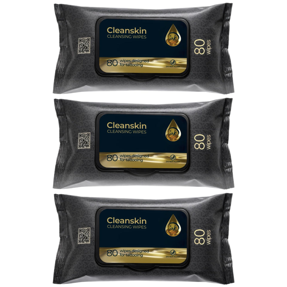 Ink Permanent CleanSkin wipes in a 3-pack for unscented tattoo cleansing.