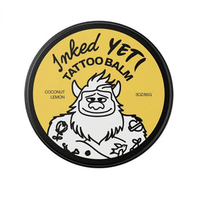 Inked Yeti tattoo balm jar close-up showcasing clean vegan formula for daily tattoo care