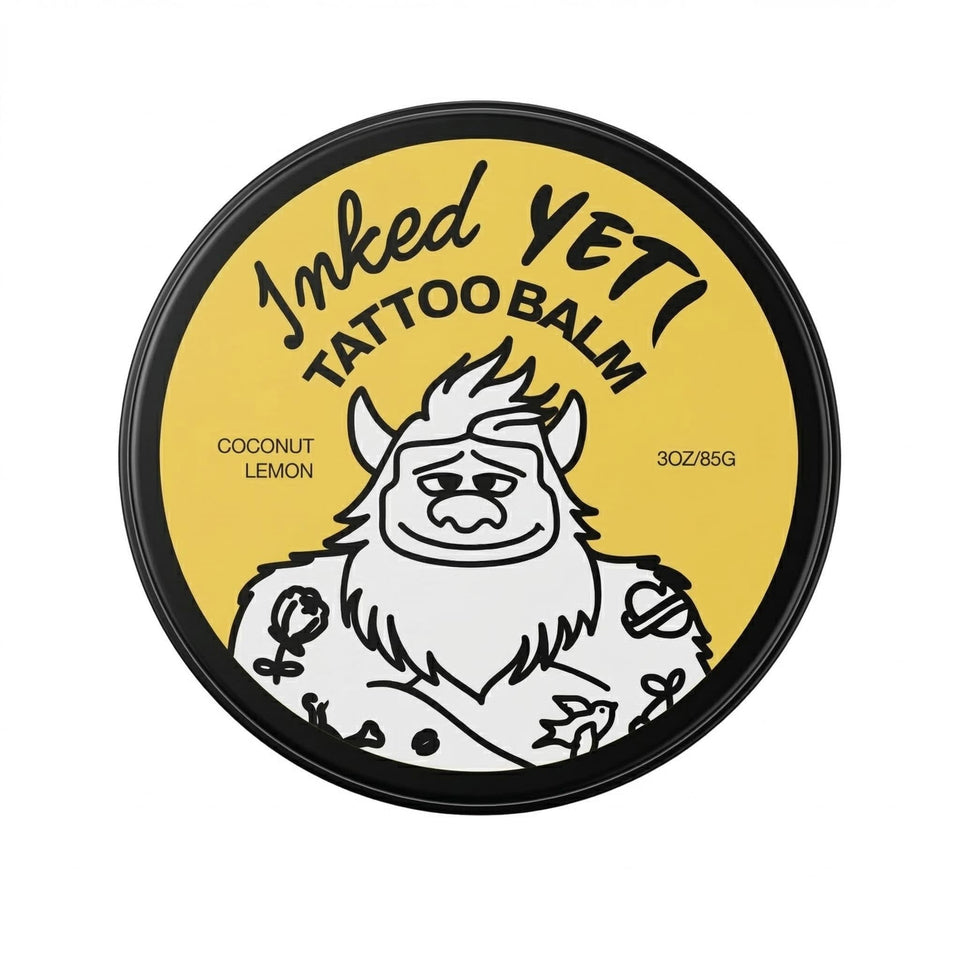 Inked Yeti tattoo balm jar close-up showcasing clean vegan formula for daily tattoo care