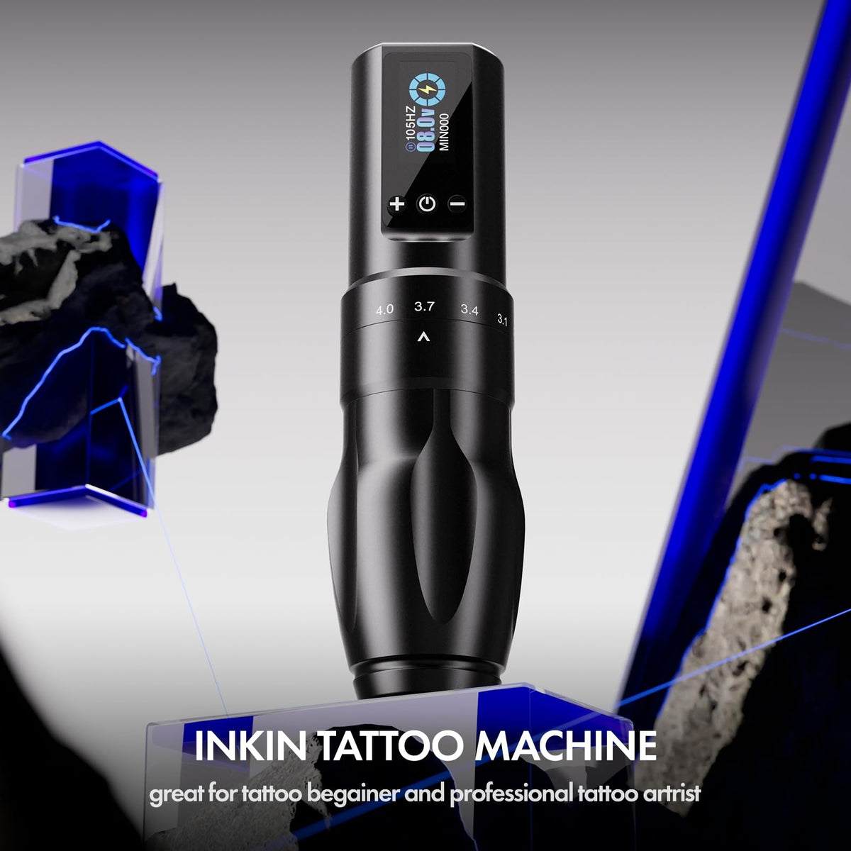 INKin tattoo machine OLED display provides quick voltage and battery life visibility.
