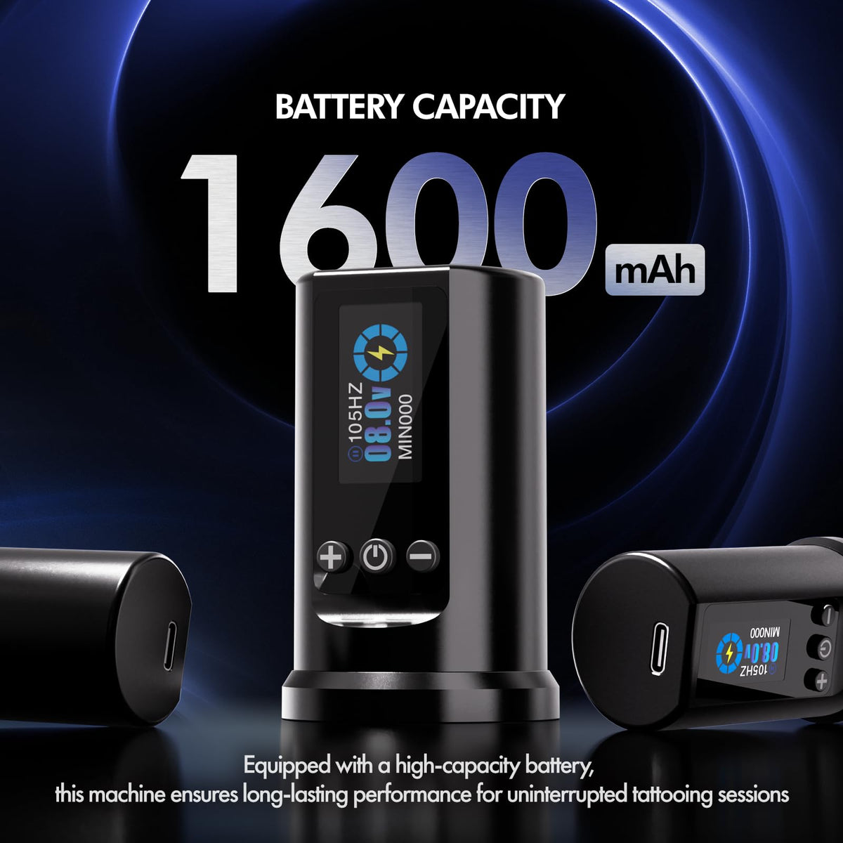 INKin wireless tattoo machine with 1600mAh battery for long sessions and reliable power.