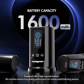 INKin wireless tattoo machine with 1600mAh battery for long sessions and reliable power.
