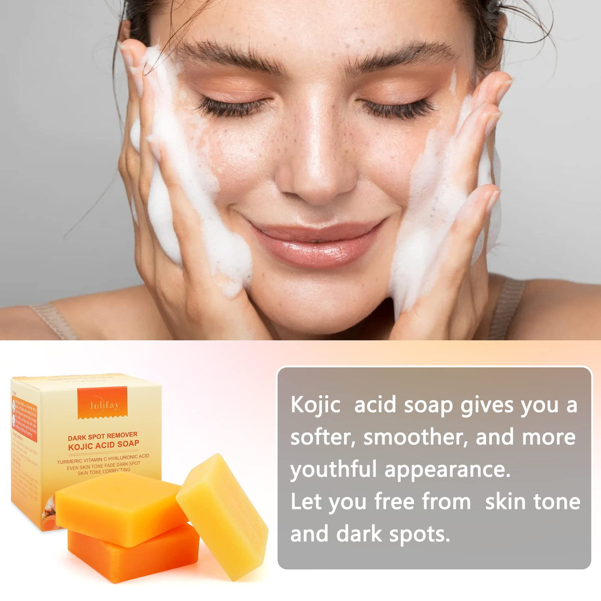 Cruelty-free and paraben-free labeling on Inlifay turmeric soap packaging.