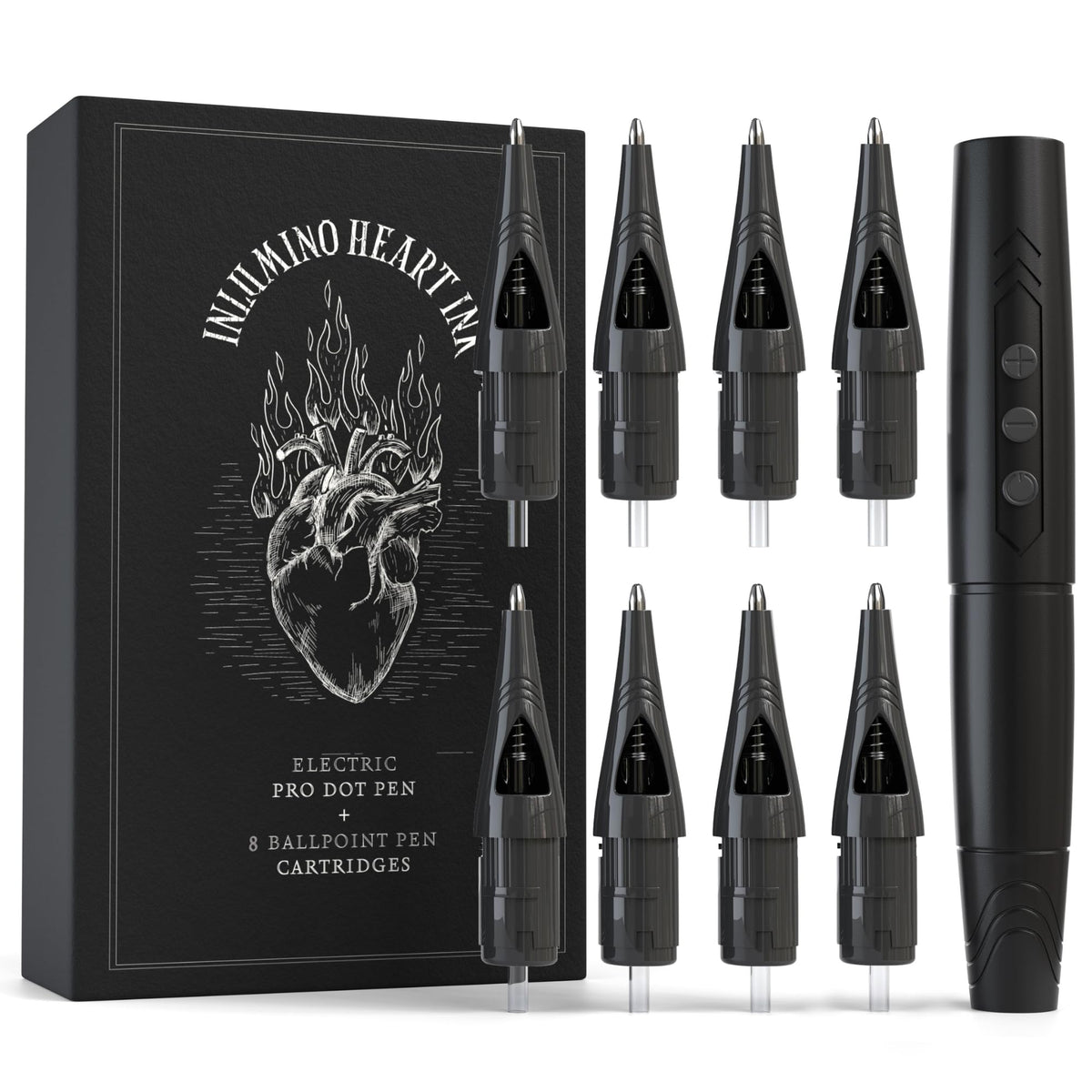 Inlumino Heart Ink tattoo practice pen with magnetic case for clean storage.