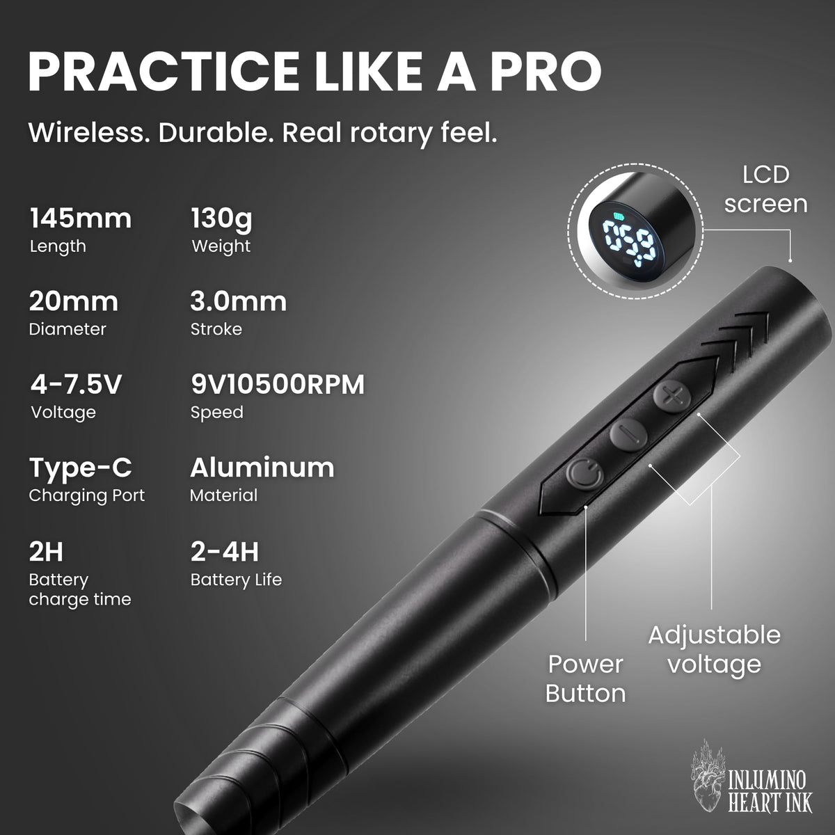Inlumino Heart Ink wireless rotary pen ideal for dotwork and stippling.