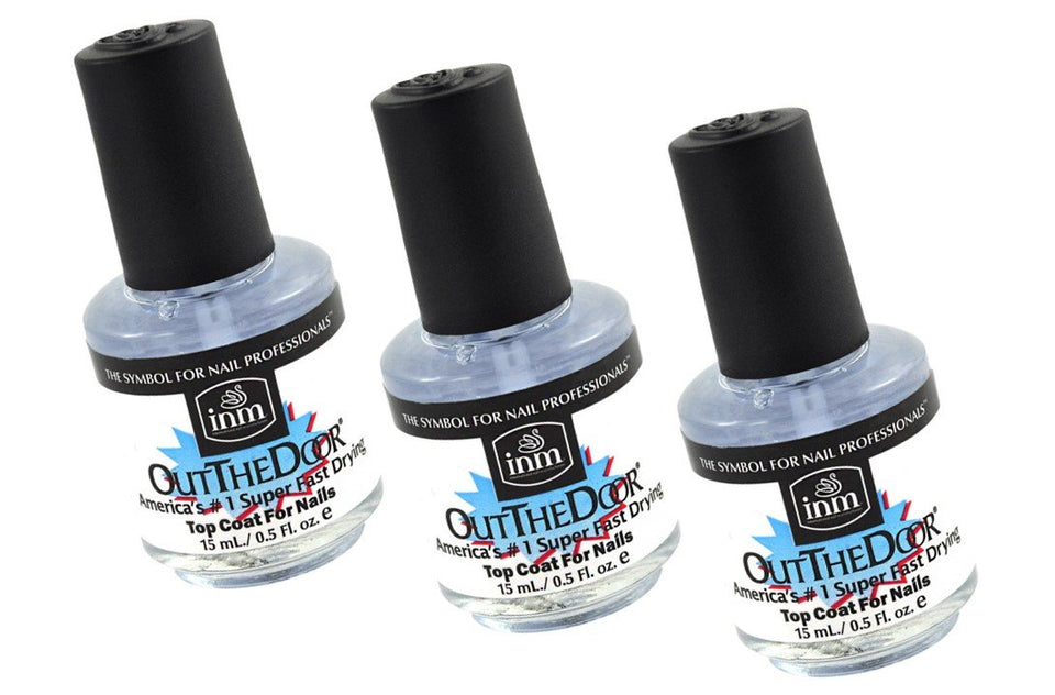 inm Out the Door top coat bottle close-up highlighting fast-drying, UV-protected shine.