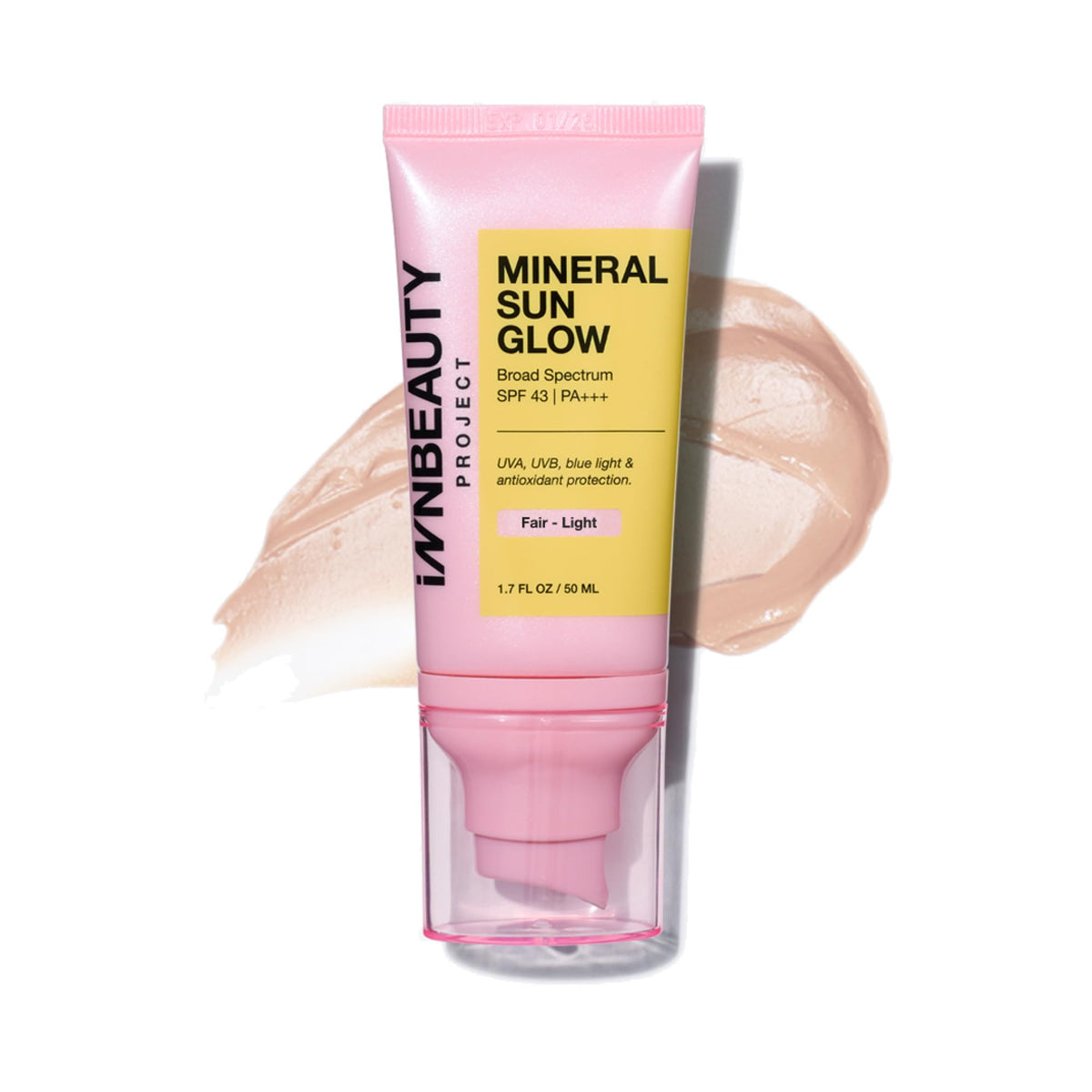 INNBEAUTY Project Mineral Sun Glow bottle with SPF 43 offering all-day protection.
