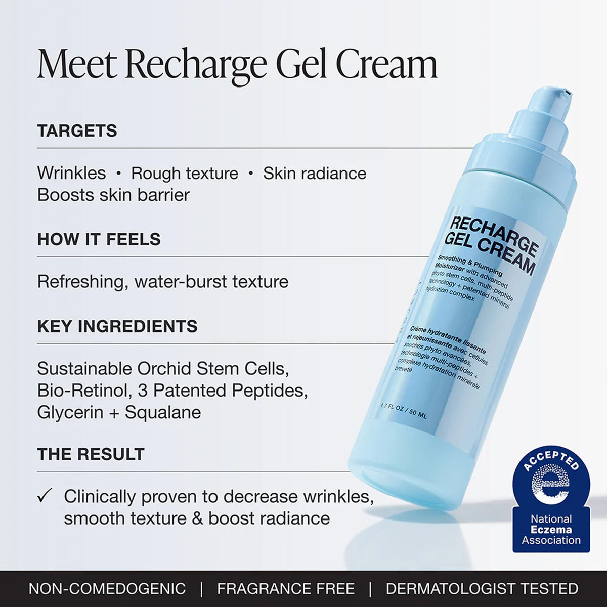 Close-up of Recharge Gel Cream pump dispensing refreshing, fast-absorbing hydration.