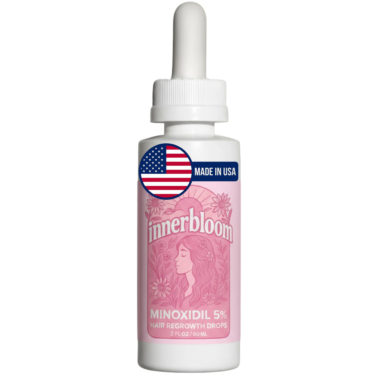 Innerbloom bottle label shows USA-made minoxidil for women.