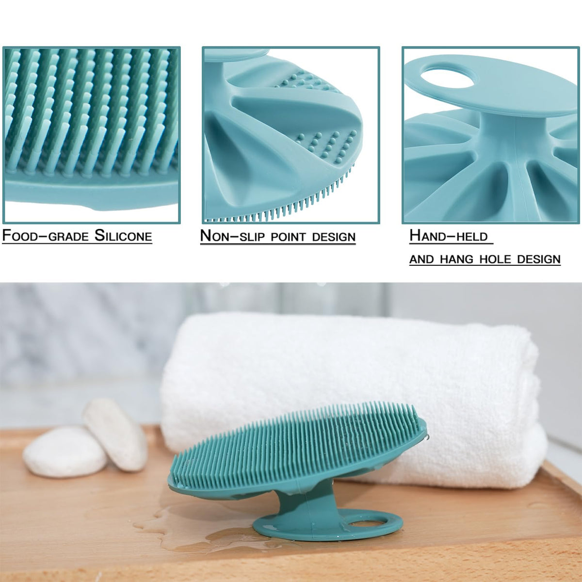 INNERNEED silicone shower scrubber handle close-up showing secure grip.