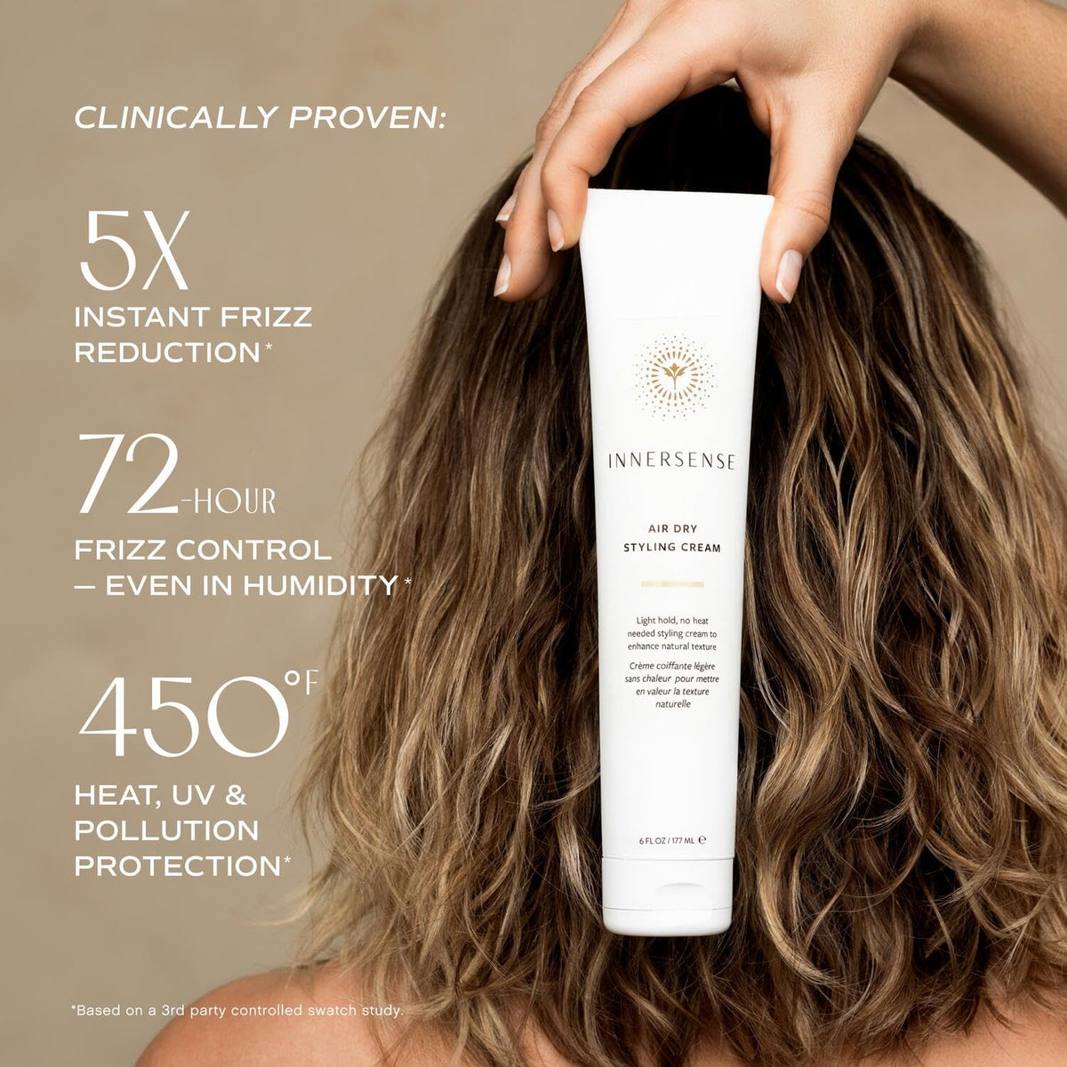 INNERSENSE Air Dry Styling Cream on hair shows visible frizz control.