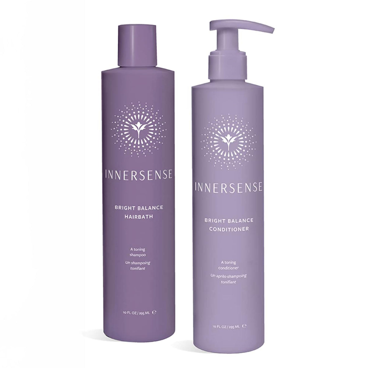 INNERSENSE Bright Balance Hairbath bottle with purple tint for cooler blonde tones.