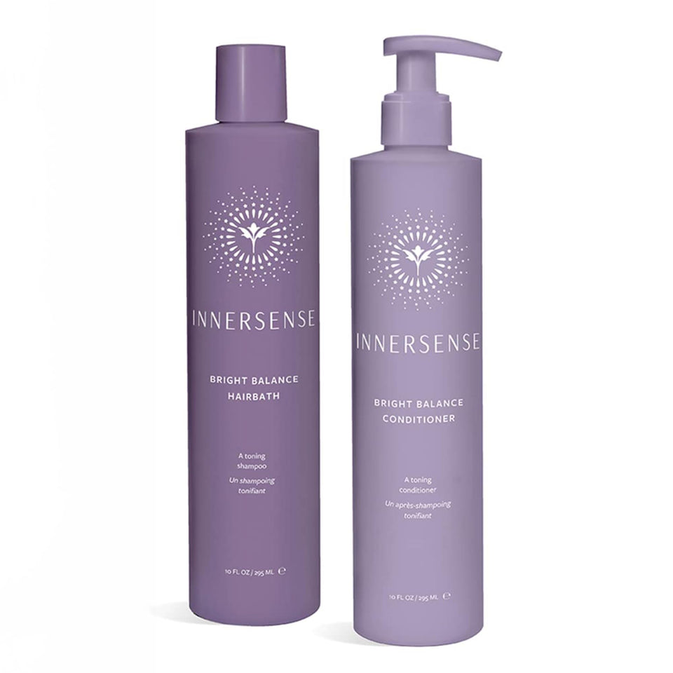 INNERSENSE Bright Balance Hairbath bottle with purple tint for cooler blonde tones.