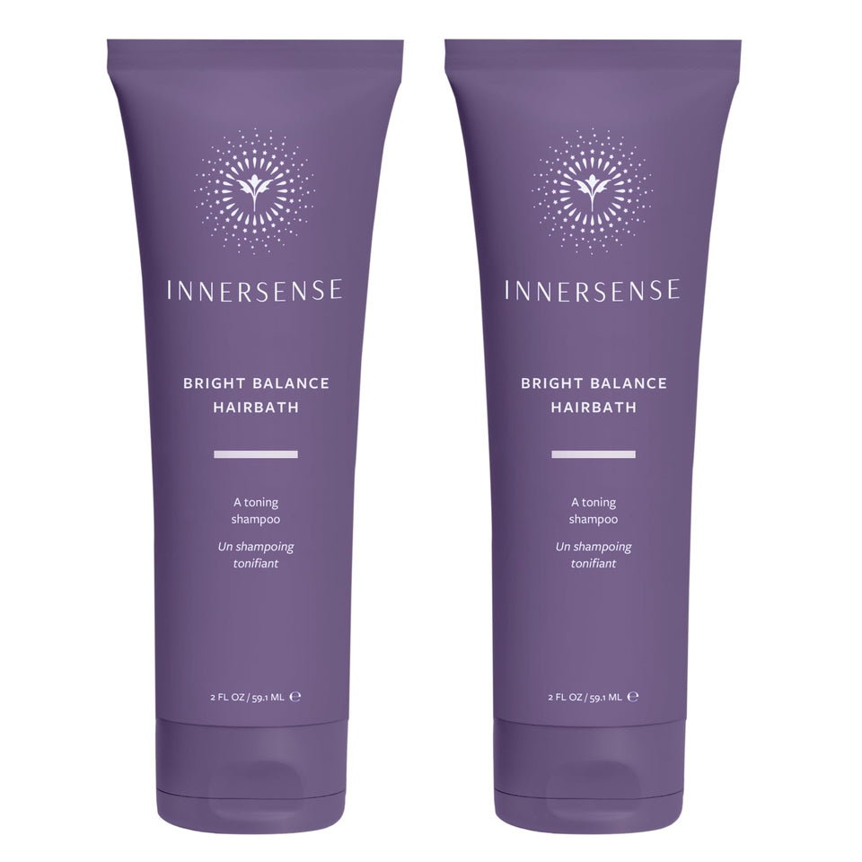 INNERSENSE Bright Balance Purple Hairbath bottle front highlighting brass tone control