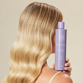 INNERSENSE Bright Balance Purple Hairbath label closeup emphasizing clean vegan formula