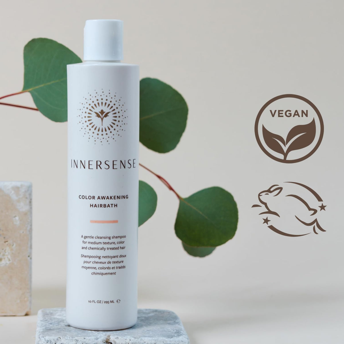 INNERSENSE Color Awakening Hairbath label closeup highlights plant-based ingredients.