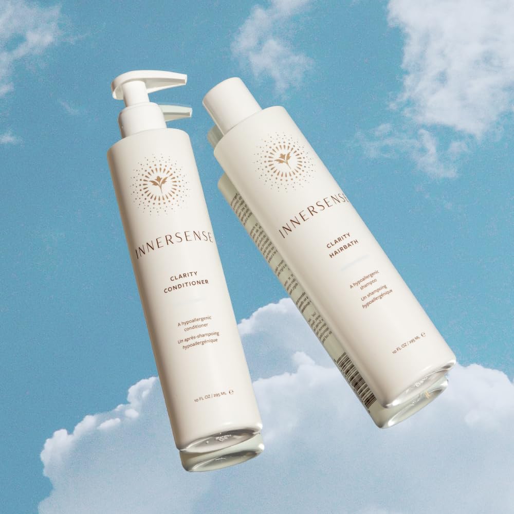 INNERSENSE Natural Clarity Hairbath shelf display emphasizing vegan cruelty-free haircare ethos.