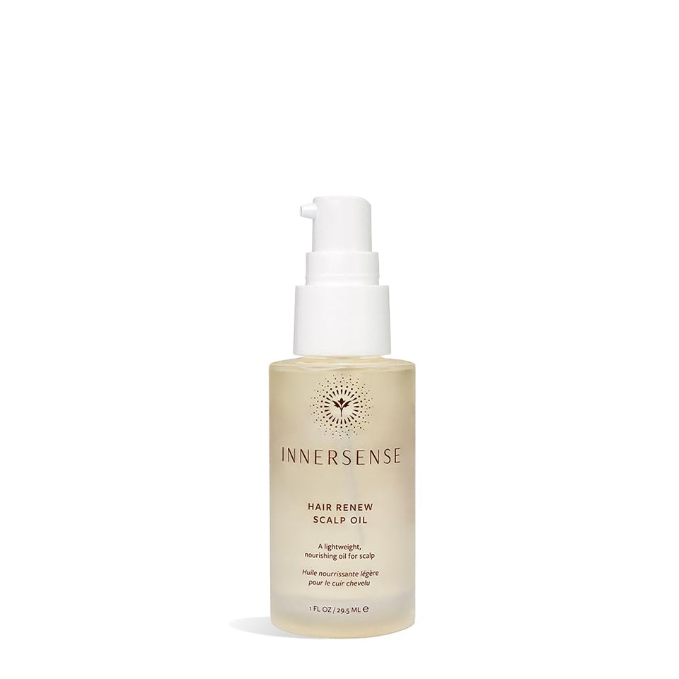 INNERSENSE Hair Renew Scalp Oil bottle on shelf, promoting a nourished scalp and healthy roots.