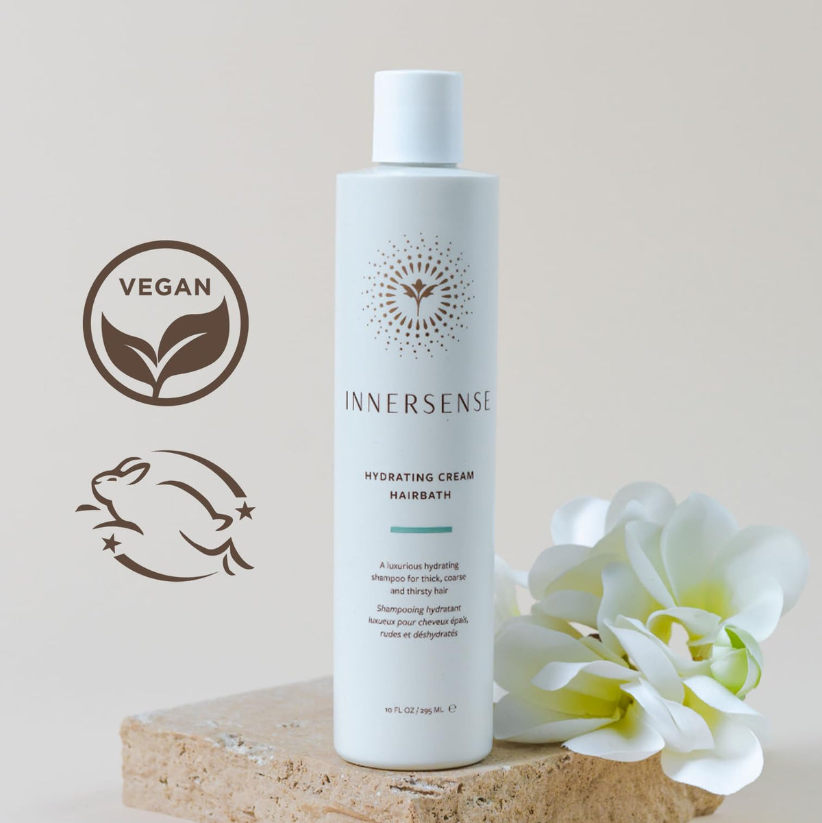 INNERSENSE Hydrating Cream Hairbath packaging highlights vegan, cruelty-free ethics